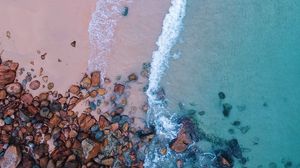 Preview wallpaper ocean, beach, aerial view, sand, stones, surf, foam