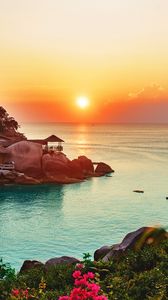 Preview wallpaper ocean, horizon, sunset, beach, vegetation