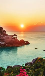 Preview wallpaper ocean, horizon, sunset, beach, vegetation