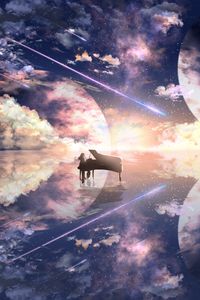 Preview wallpaper piano, silhouette, space, illusion, anime