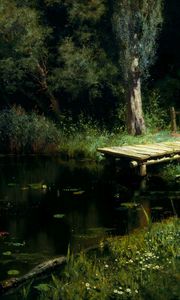 Preview wallpaper pier, lake, water-lilies, trees, painting, art, polenov, overgrown pond