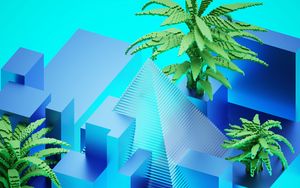 Preview wallpaper pyramid, palm trees, figures, 3d