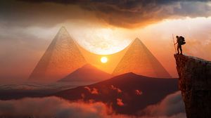 Preview wallpaper pyramids, sunset, landscape, hills, clouds, travel