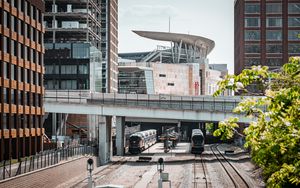 Preview wallpaper railroad, trains, bridge, buildings