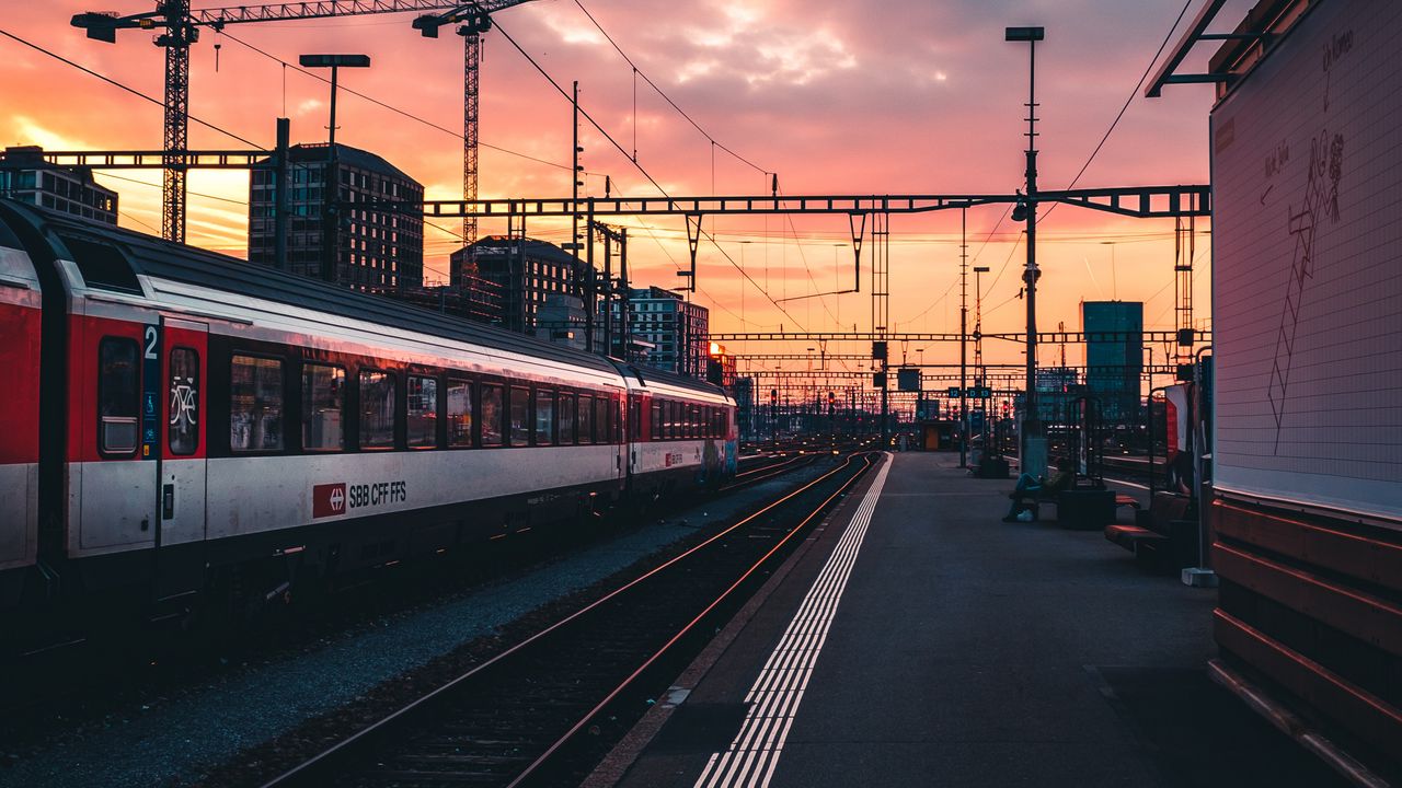 Wallpaper railway, train, station, sunset, waiting