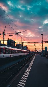 Preview wallpaper railway, train, station, sunset, waiting