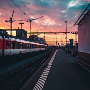 Preview wallpaper railway, train, station, sunset, waiting