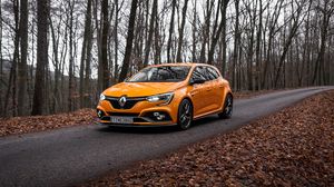 Preview wallpaper renault megane, renault, car, yellow, road, asphalt