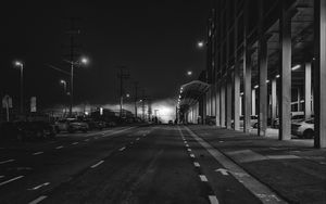 Preview wallpaper road, asphalt, lights, night, black and white