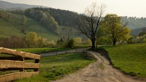 Preview wallpaper road, dirt, field, rotation, fence, summer