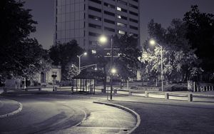 Preview wallpaper road, turn, lights, building, night