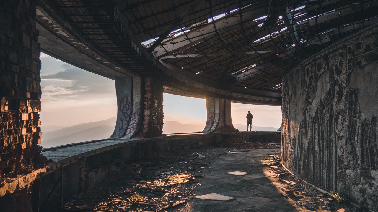 Wallpaper ruins, man, loneliness, buzludzha, bulgaria