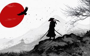 Preview wallpaper samurai, warrior, silhouette, art, black and white