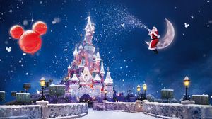 Preview wallpaper santa claus, magic, moon, snow, castle, balloons, holiday, christmas