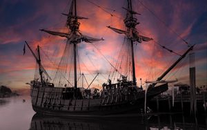 Preview wallpaper ship, masts, pier, sky, clouds