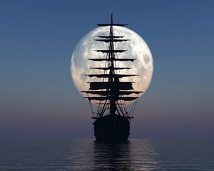 Preview wallpaper ship, sea, sunset, moon