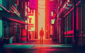 Preview wallpaper silhouette, city, street, art, futurism