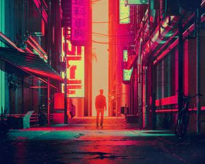 Preview wallpaper silhouette, city, street, art, futurism