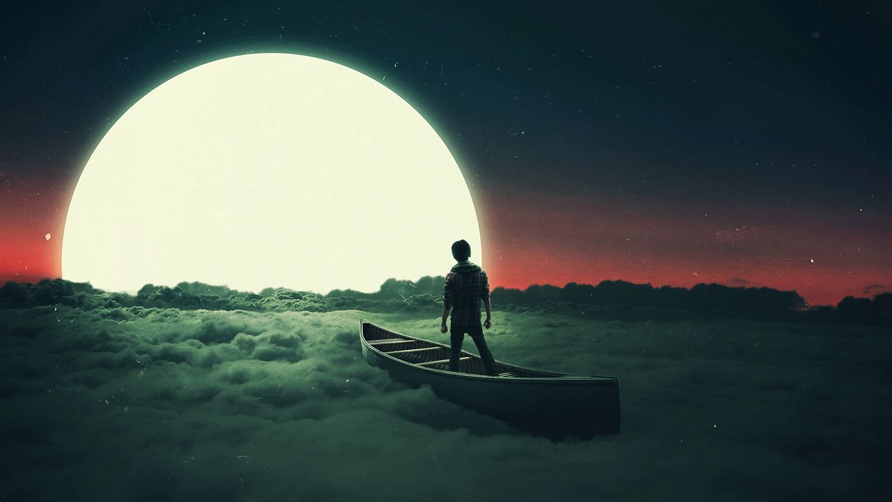 Wallpaper silhouette, moon, boat, lonely, loneliness, surrealism