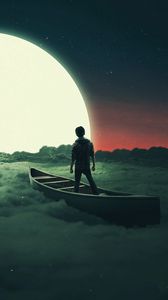 Preview wallpaper silhouette, moon, boat, lonely, loneliness, surrealism