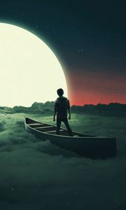 Preview wallpaper silhouette, moon, boat, lonely, loneliness, surrealism