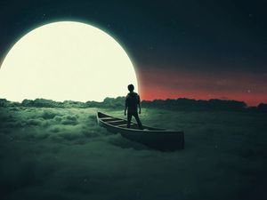 Preview wallpaper silhouette, moon, boat, lonely, loneliness, surrealism