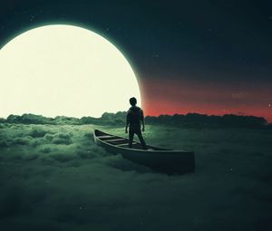 Preview wallpaper silhouette, moon, boat, lonely, loneliness, surrealism