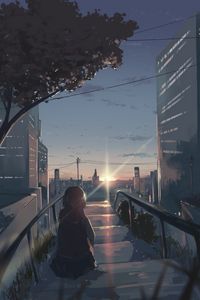 Preview wallpaper silhouette, stairs, sun, rays, twilight, anime