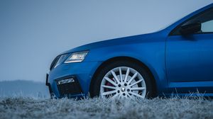 Preview wallpaper skoda, car, blue, grass, hoarfrost