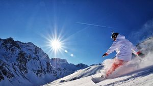 Preview wallpaper snowboard, snow, mountains, sun, adrenaline