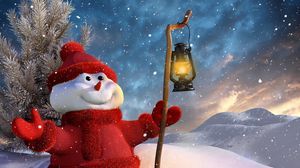 Preview wallpaper snowman, staff, lantern, 3d graphics, winter, snow, mountains, tree