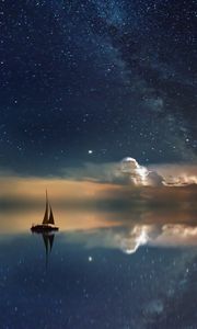 Preview wallpaper starry sky, boat, reflection, sail, night