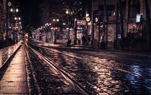 Preview wallpaper street, rails, tram, lights, night