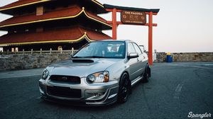 Preview wallpaper subaru, silver, side view, pagoda