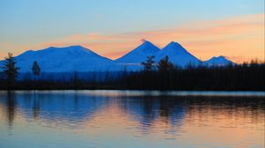 Preview wallpaper sunrise, mountains, lake, landscape, morning