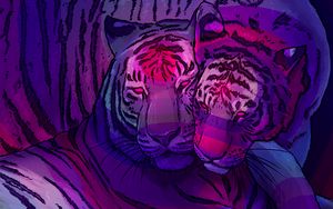 Preview wallpaper tigers, couple, predators, art, purple