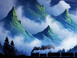 Preview wallpaper train, mountains, art, fog, smoke