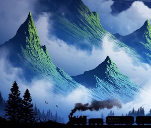 Preview wallpaper train, mountains, art, fog, smoke