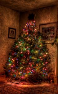 Preview wallpaper tree, christmas, holiday, garland, fireplace, toys, stockings