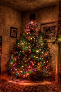 Preview wallpaper tree, christmas, holiday, garland, fireplace, toys, stockings