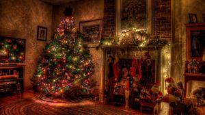 Preview wallpaper tree, christmas, holiday, garland, fireplace, toys, stockings