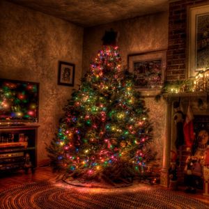 Preview wallpaper tree, christmas, holiday, garland, fireplace, toys, stockings