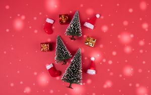 Preview wallpaper trees, gifts, new year, holiday, composition, red