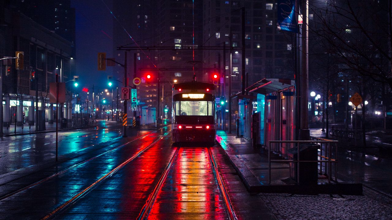 Wallpaper trolley, stop, city, evening, lighting