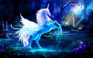 Preview wallpaper unicorn, water, forest, night, magic