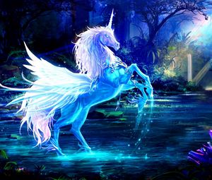 Preview wallpaper unicorn, water, forest, night, magic