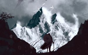 Preview wallpaper warrior, dragon, mountains, art