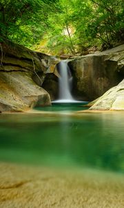 Preview wallpaper waterfall, cliff, stone, water, trees, forest