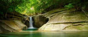 Preview wallpaper waterfall, cliff, stone, water, trees, forest