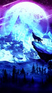 Preview wallpaper wolf, moon, night, mountains, art